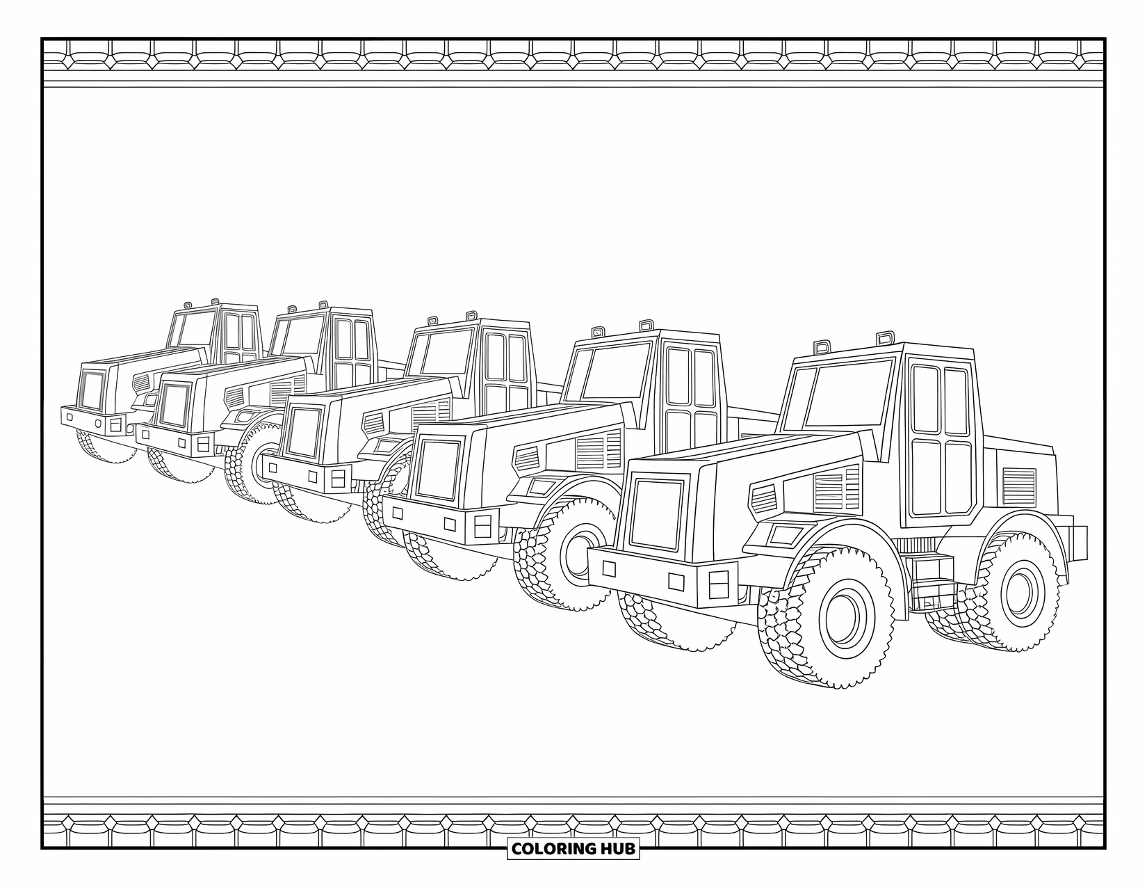 Bouw Kleurplaat voor Volwassenen: Verschillende bouwmachines op een rij met fijne details en wervelende decoratieve ontwerpen