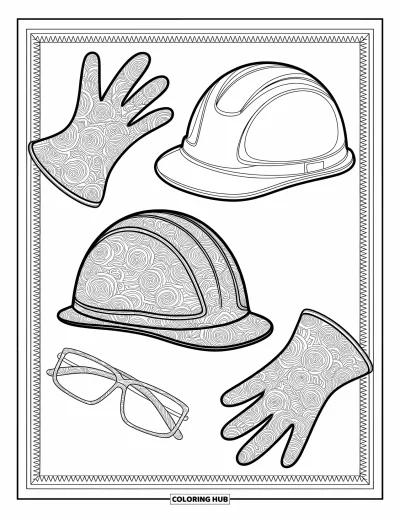 Coloriage de construction pour adultes : Casques, gants et lunettes de sécurité disposés avec des motifs tourbillonnants et des bords ornés