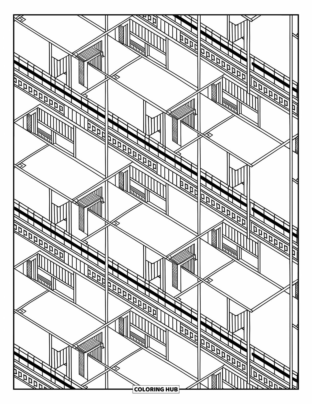 Bouw Kleurplaat voor Volwassenen: Overlappende steigerstructuren gevuld met geometrische patronen en ingewikkelde achtergrondontwerpen