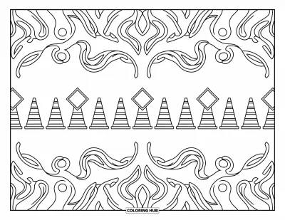 Coloriage de construction pour adultes : Cônes, barils et panneaux symétriques entourés de tourbillons délicats et de motifs artistiques