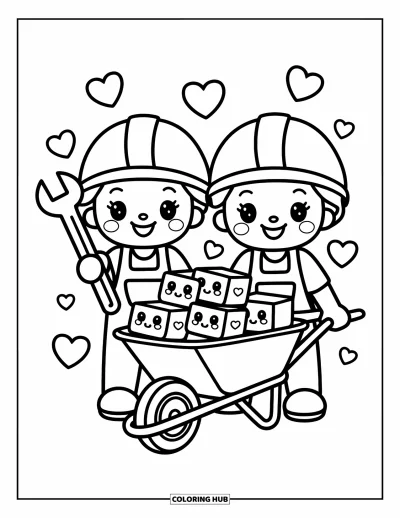 Coloriage de construction pour adultes : Deux ouvriers de la construction mignons se tiennent avec une brouette souriante pleine de briques joyeuses