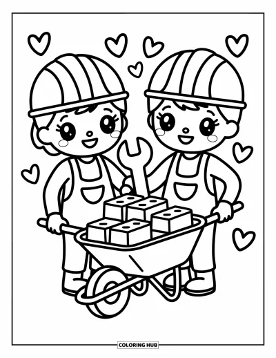 Coloriage de construction pour adultes : Deux ouvriers kawaii avec une clé à molette se tiennent près d’une brouette remplie de briques dodues