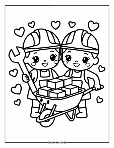 Coloriage de construction pour adultes : Deux ouvriers ludiques tiennent une grande clé à molette à côté d’une brouette souriante et de cœurs