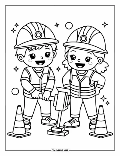 Coloriage de chantier pour enfants : Un garçon et une fille en gilets de sécurité utilisent un marteau-piqueur avec des visages souriants