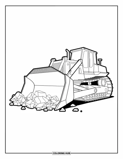 Coloriage de construction pour enfants : Un bulldozer déblaie des débris rocheux avec un mouvement régulier et des lignes épurées