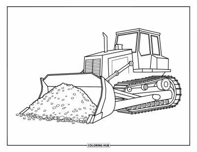Coloriage de chantier pour enfants : Un bulldozer déplace de la terre avec des lignes ludiques et audacieuses