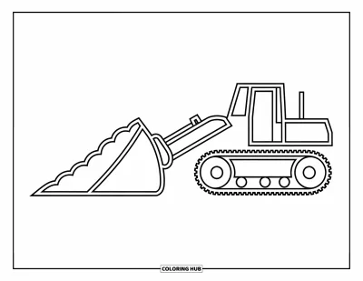 Coloriage de chantier pour enfants : Un bulldozer pousse un tas de terre avec un cadre robuste et une conception joyeuse