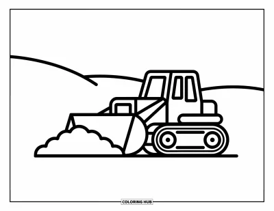 Coloriage de chantier pour enfants : Un bulldozer pousse la terre vers l’avant avec des lignes claires et des collines vallonnées derrière