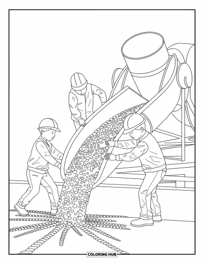 Coloriage de chantier pour enfants : Une machine à ciment verse pendant que les ouvriers contrôlent soigneusement le débit