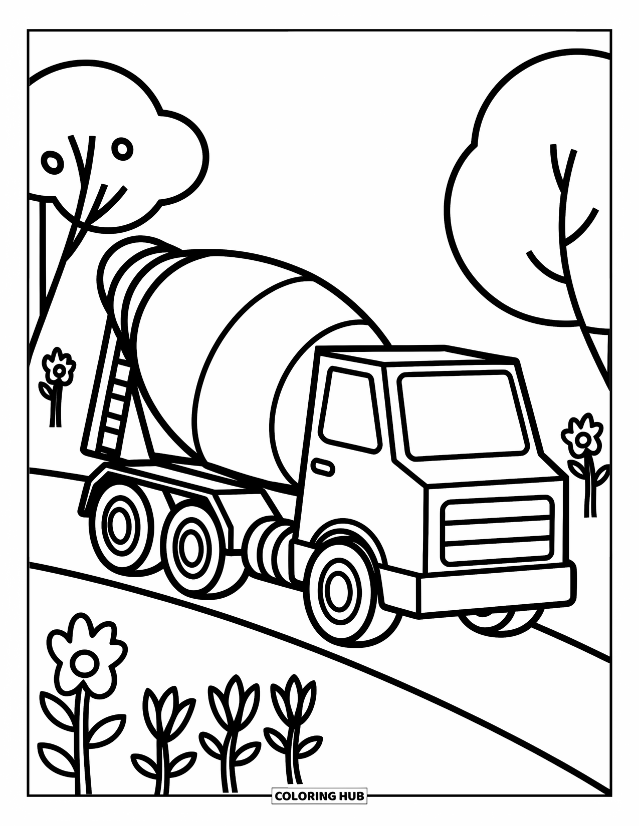Bouw Kleurplaat voor Kinderen: Een betonmolen staat in de buurt van speelse schommels en glijbanen