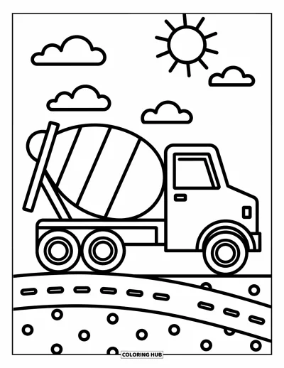 Coloriage de chantier pour enfants : Un camion malaxeur à ciment stationné sur une route ludique