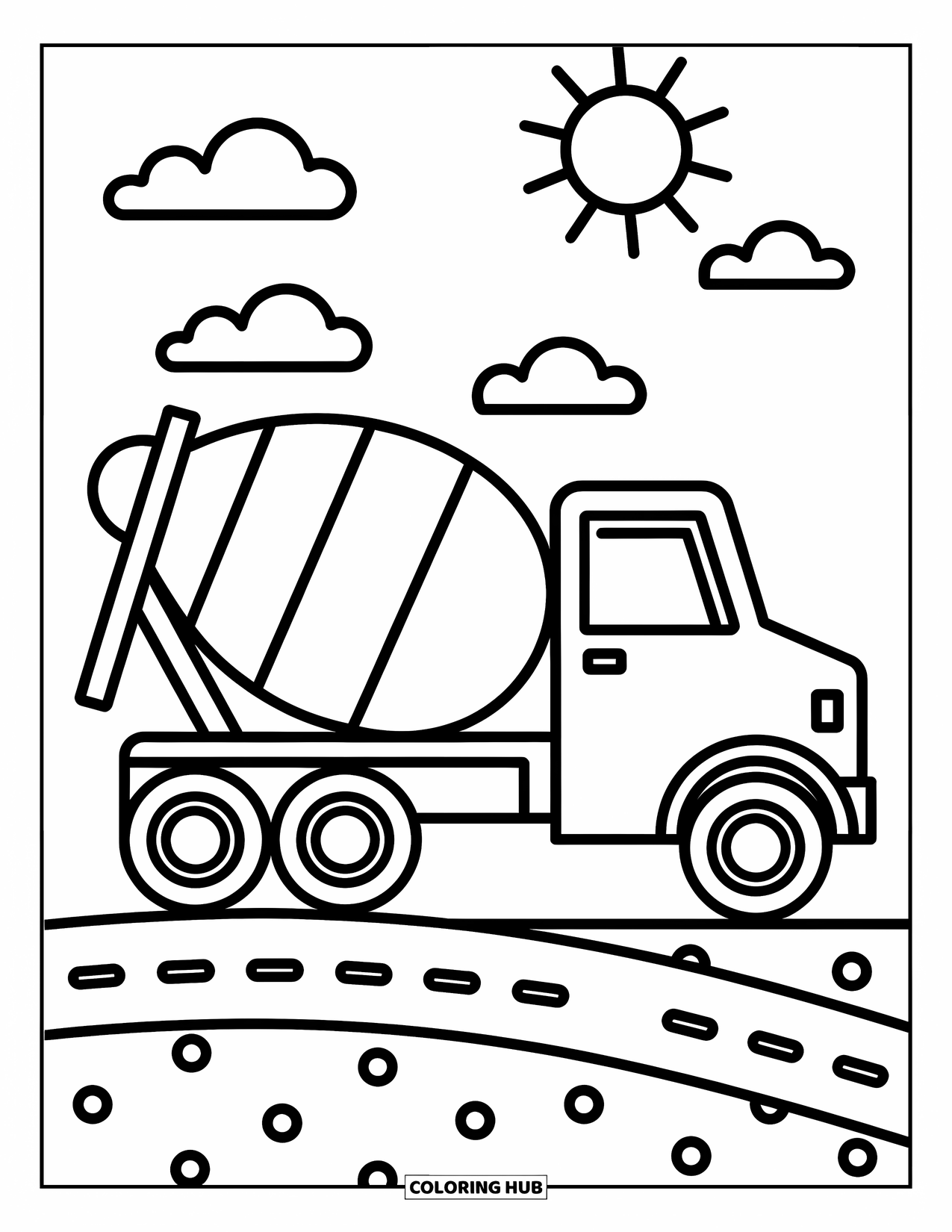Bouw Kleurplaat voor Kinderen: Een betonmixer geparkeerd op een speelse weg