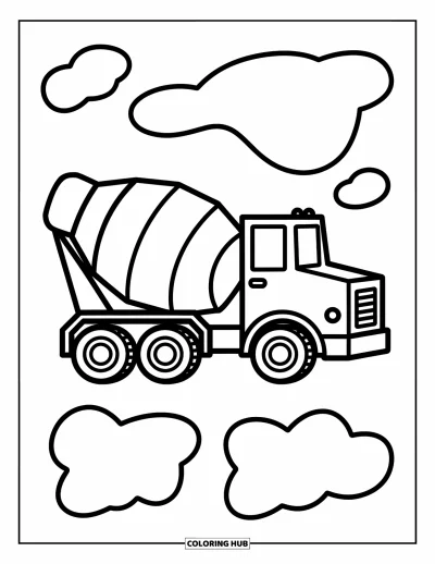 Coloriage de chantier pour enfants : Un camion malaxeur à ciment avec un grand tambour et de gros pneus