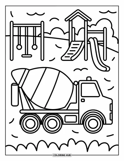 Coloriage de chantier pour enfants : Un camion malaxeur à ciment avec de gros pneus robustes