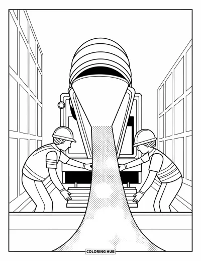 Coloriage de construction pour enfants : Une machine à couler le ciment libère du béton tandis que des ouvriers guident le flux