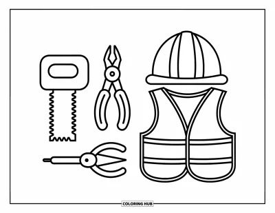 Coloriage de chantier pour enfants : Un ensemble d’outils joyeux avec un casque placé sur un gilet de sécurité