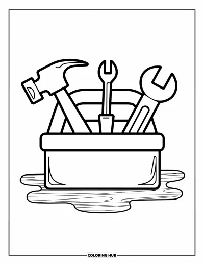 Coloriage de chantier pour enfants : Une boîte à outils joyeuse contient un marteau, une clé et un tournevis sur une surface amusante