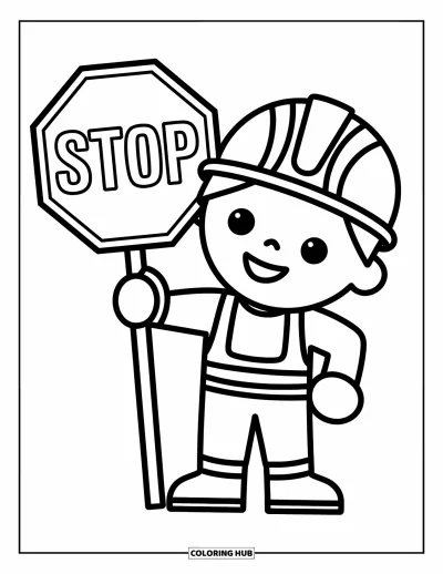 Coloriage de chantier pour enfants : Un ouvrier joyeux avec un panneau d’arrêt se tient prêt avec un grand sourire