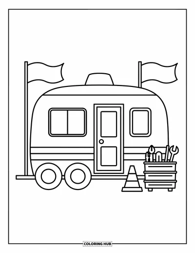 Coloriage de chantier pour enfants : Une remorque de chantier avec des portes ouvertes et des drapeaux invite à jouer avec des outils empilés à proximité