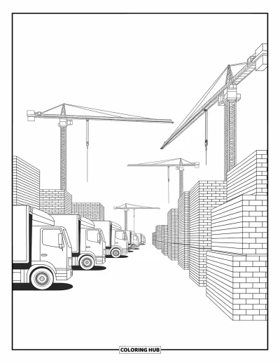 Coloriage de chantier pour enfants : Une cour de construction est remplie de véhicules, de briques et de poutres tout autour