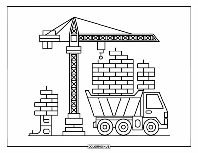 Coloriage de chantier pour enfants : Une grue et un camion travaillent ensemble sur le site avec des échelles et des panneaux d’avertissement à proximité