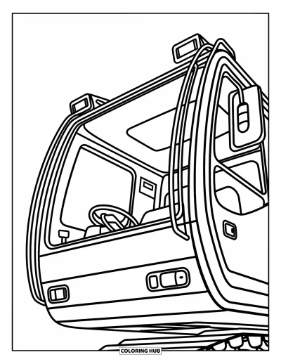 Coloriage de construction pour enfants : Une cabine de grue montre des leviers, des commandes et des détails incurvés lisses