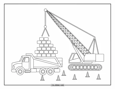 Coloriage de chantier pour enfants : Une grue étend son bras au-dessus des briques avec un camion à benne basculante prêt à proximité
