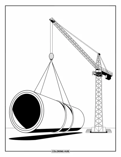 Coloriage de chantier pour enfants : Une grue abaisse doucement un tuyau géant avec des engrenages et des poulies à proximité