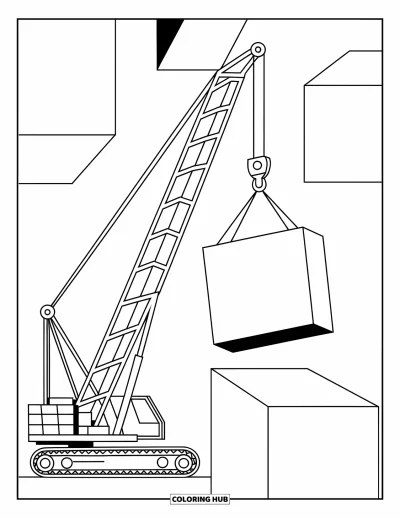 Coloriage de chantier pour enfants : Une grue tient un bloc haut avec des lignes simples et ludiques