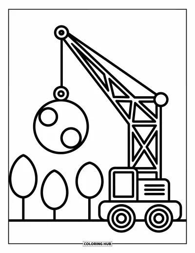 Coloriage de construction pour enfants : Une grue tient une boule de démolition oscillante avec des arbres et un ciel ensoleillé derrière