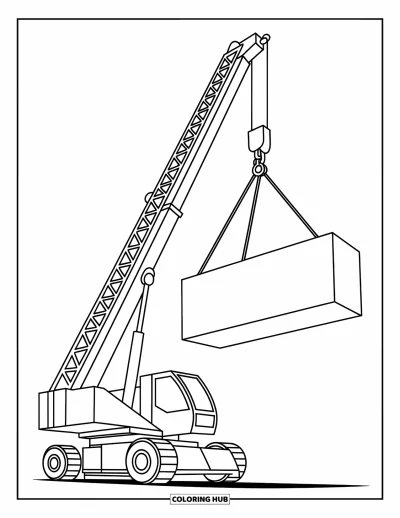 Coloriage de construction pour enfants : Une grue soulève un bloc avec un long bras et une base solide