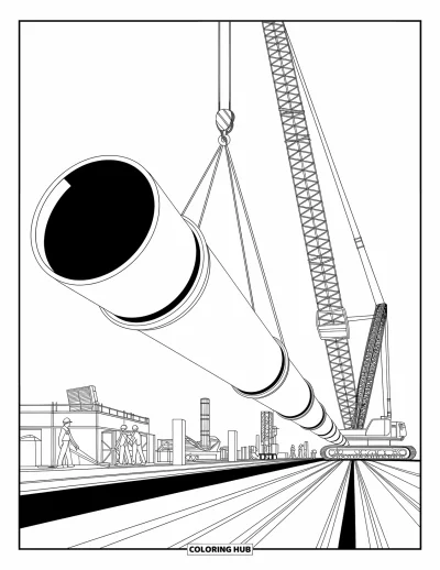 Coloriage de chantier pour enfants : Une grue abaisse un grand tuyau alors que des ouvriers et des machines s’affairent en arrière-plan