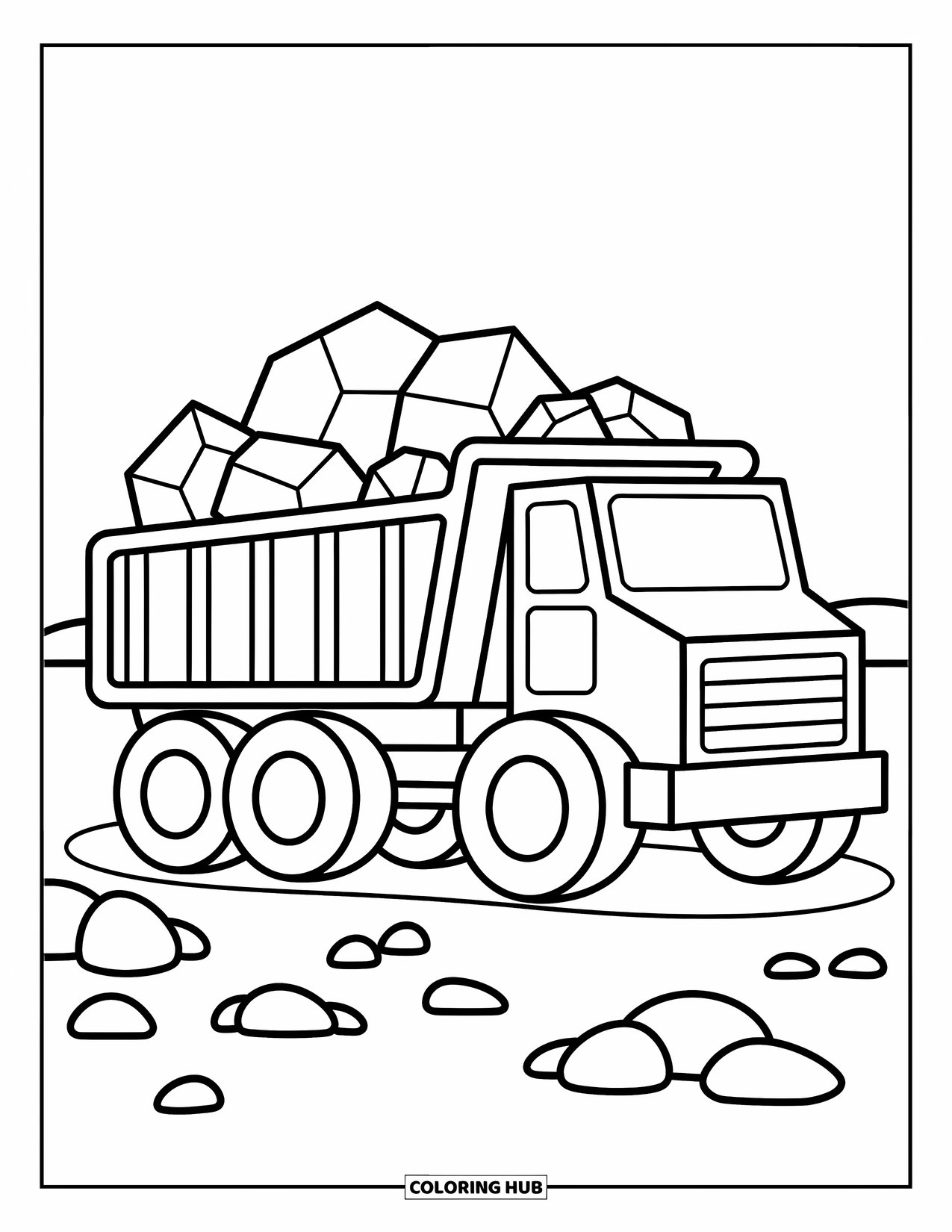 Bouw Kleurplaat voor Kinderen: Een kiepwagen vervoert grote rotsen met grote wielen