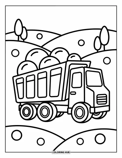 Coloriage de chantier pour enfants : Un camion à benne basculante transporte des roches près de douces collines et d’arbres