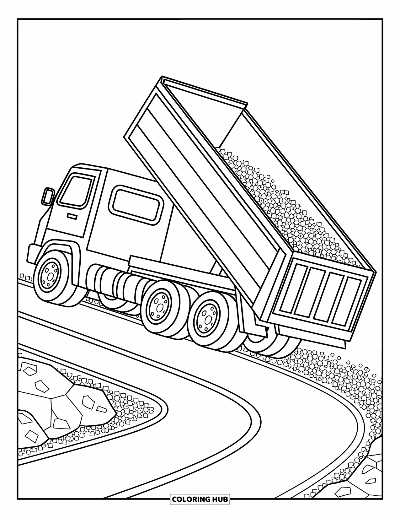 Bouw Kleurplaat voor Kinderen: Een kiepwagen tilt zijn laadbak op om grind op een gebogen weg te storten