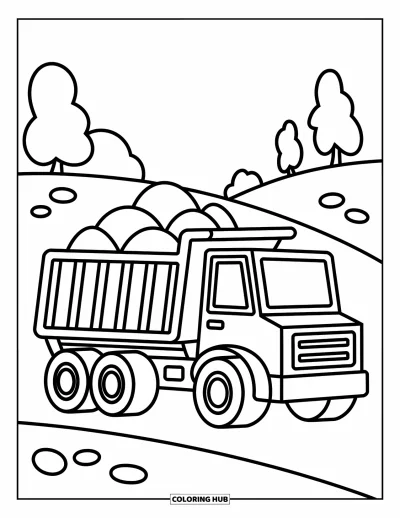 Coloriage de chantier pour enfants : Un camion à benne basculante se dresse avec des roches et des collines vallonnées ludiques