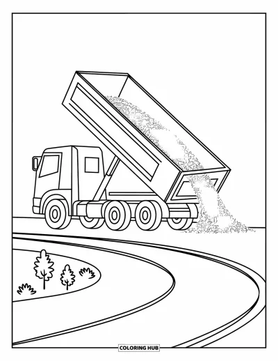Coloriage de chantier pour enfants : Un camion à benne basculante déverse du gravier sur une route sinueuse avec des arbres et des buissons à proximité