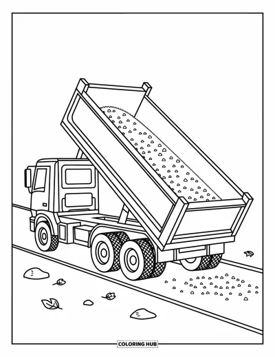 Coloriage de chantier pour enfants : Un camion à benne basculante décharge du gravier sur une route avec de petites roches éparpillées autour