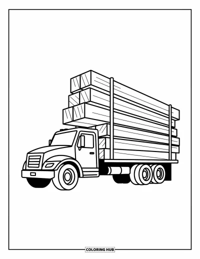 Coloriage de construction pour enfants : Un camion plateau transporte des planches de bois géantes avec des roues légèrement tournées