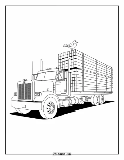 Coloriage de chantier pour enfants : Un camion à plateau transporte de grandes planches de bois avec un oiseau perché sur le dessus