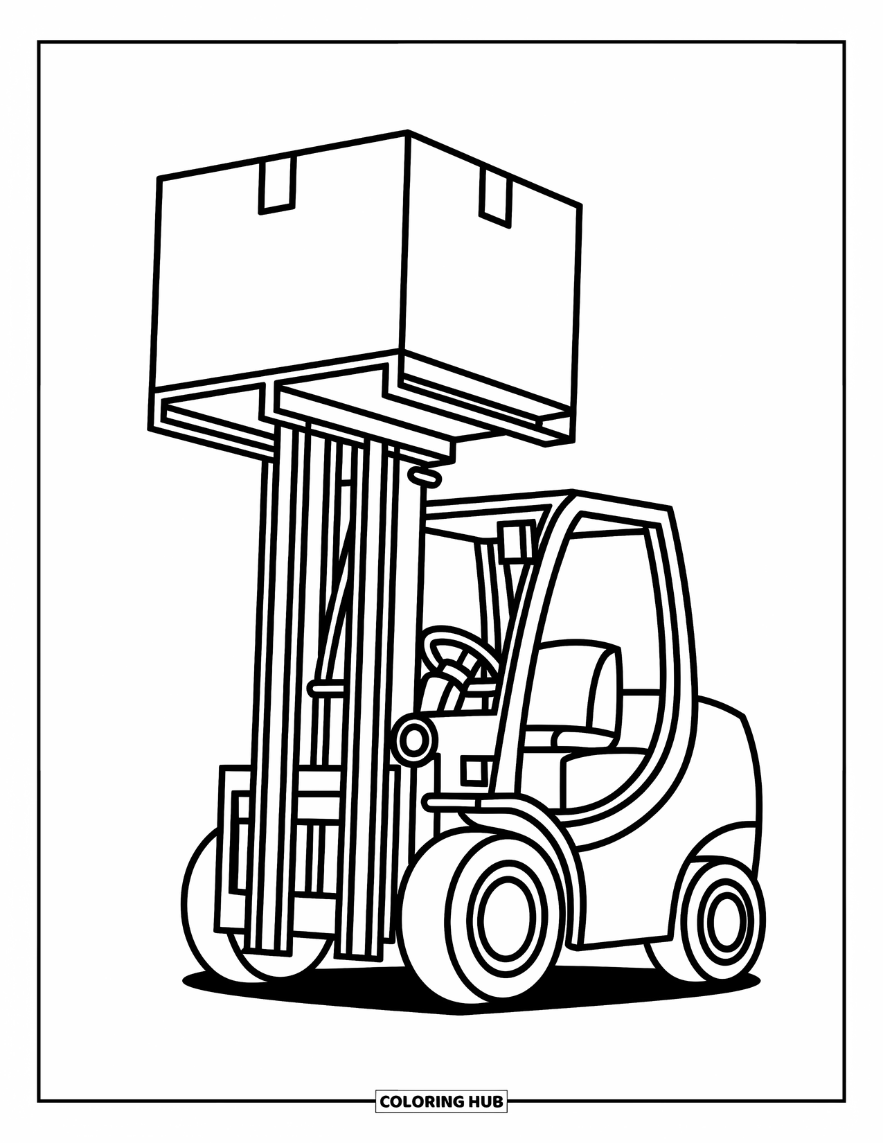 Bouw Kleurplaat voor Kinderen: Een vorkheftruck tilt een doos hoog op met grote, eenvoudige vormen om in te kleuren