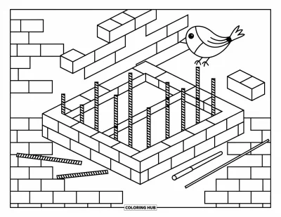 Coloriage de chantier pour enfants : Une tranchée de fondation avec des barres d’armature se dresse avec un oiseau perché à proximité et des briques en arrière-plan