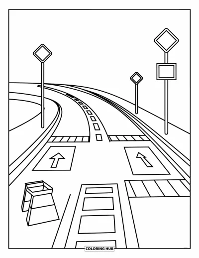 Coloriage de chantier pour enfants : Une route fraîche est peinte avec de nouveaux marquages de voie, des panneaux et des bordures lisses tout autour
