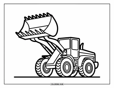 Coloriage de chantier pour enfants : Un chargeur frontal lève son godet haut avec de grandes roues et un aspect joyeux
