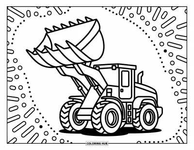 Coloriage de chantier pour enfants : Un chargeur frontal lève son godet haut avec des formes ludiques en arrière-plan