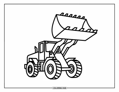 Coloriage de chantier pour enfants : Un chargeur frontal lève son grand godet haut avec de grandes roues et un aspect ludique