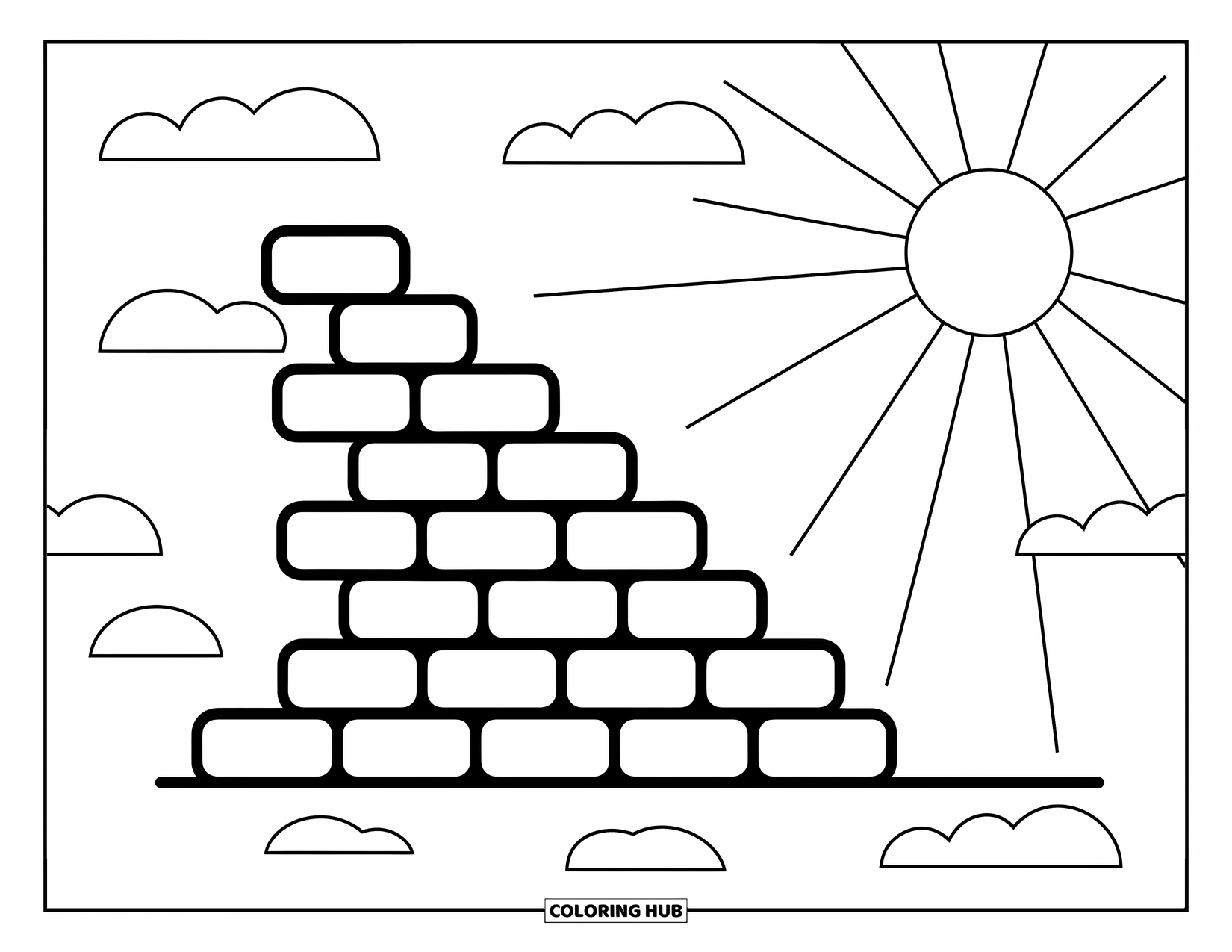Bouw Kleurplaat voor Kinderen: Een half gebouwde bakstenen muur staat onder zachte wolken en een stralende zon