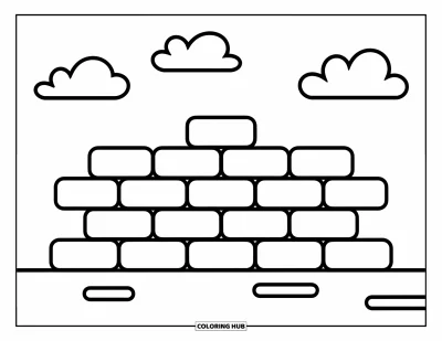 Coloriage de chantier pour enfants : Un mur de briques à moitié construit se dresse haut avec des nuages joyeux dans le ciel