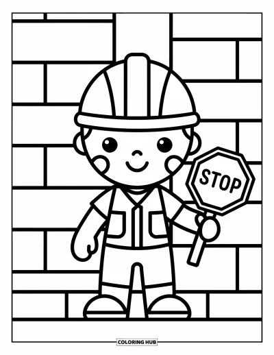 Coloriage de chantier pour enfants : Un ouvrier heureux tient un panneau d’arrêt avec des formes de bâtiments en arrière-plan