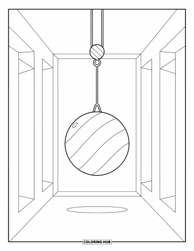 Coloriage de chantier pour enfants : Une grande grue balance une boule de démolition avec des formes simples et audacieuses